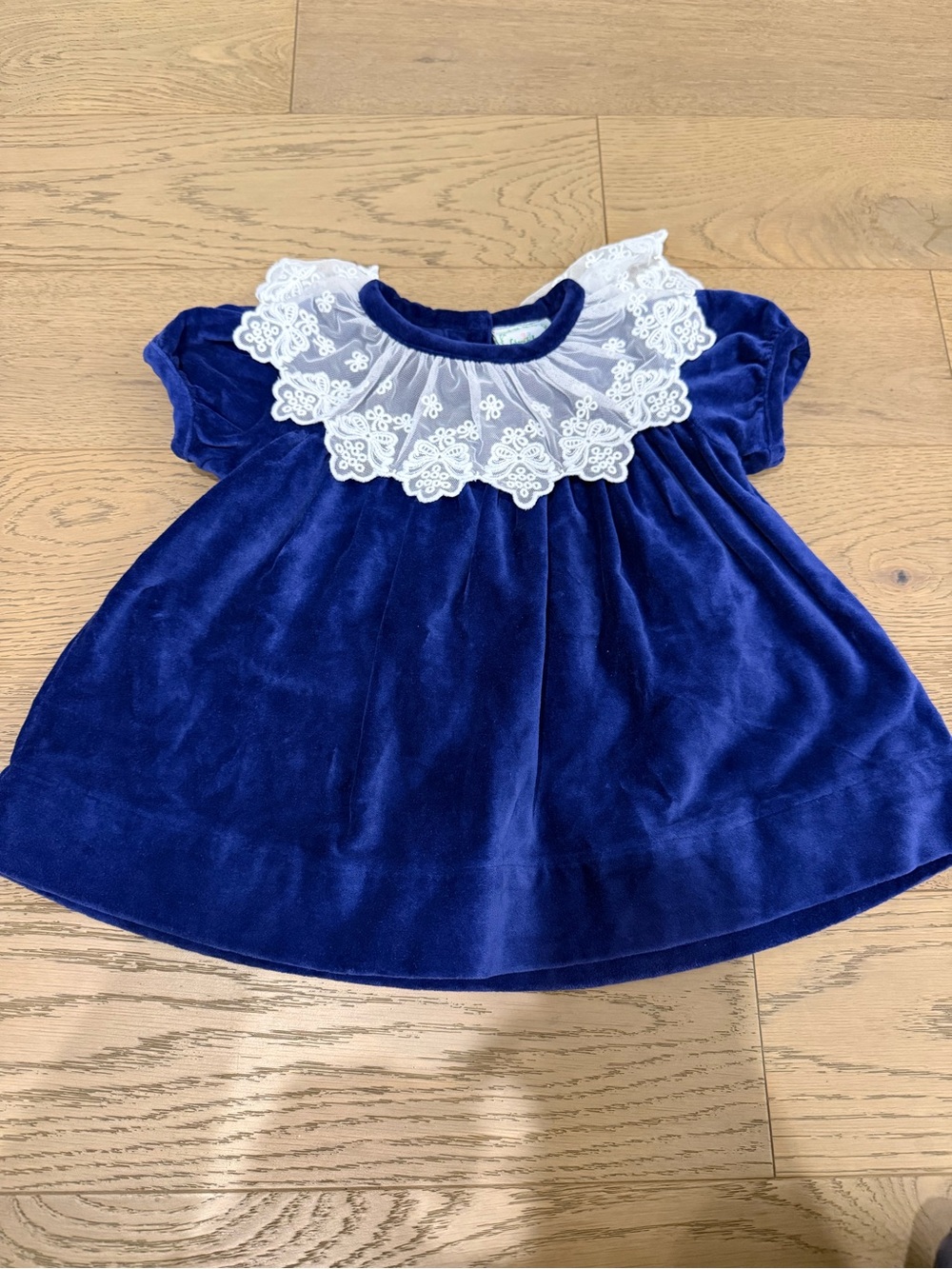 Grace & James Baby Girls 12M Blue Velvet Dress White Lace Collar Vintage Style